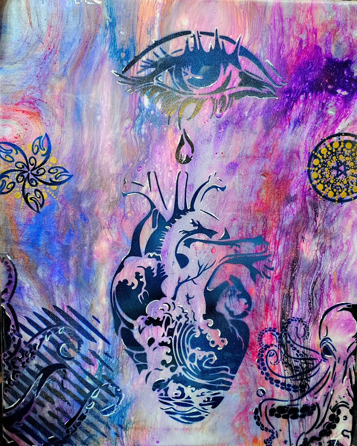 Eye stencil against a textured pink, purple, and blue background