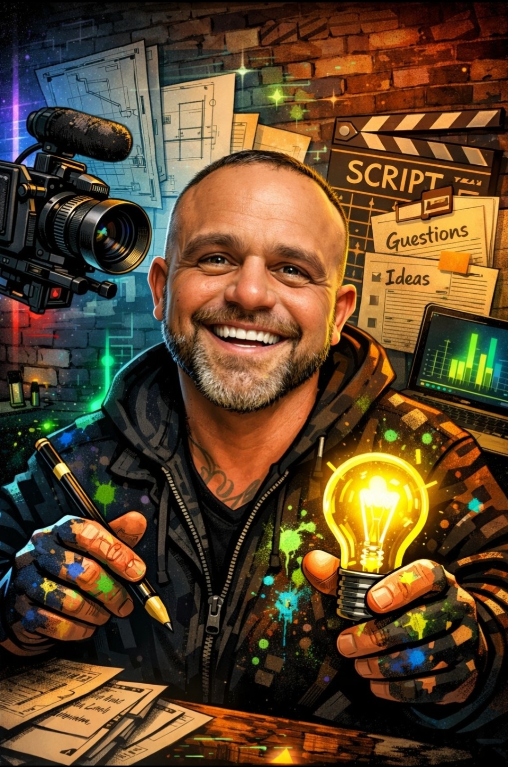 Colorful illustrated portrait of Landin M. Petz surrounded by creative tools and glowing color