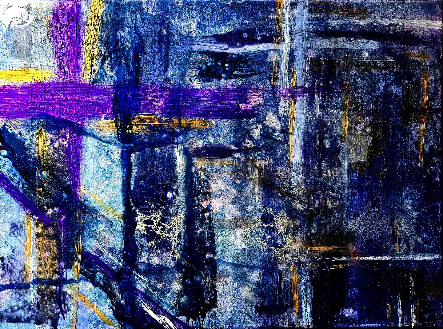 Abstract painting in dark blues, purple, white, and gold